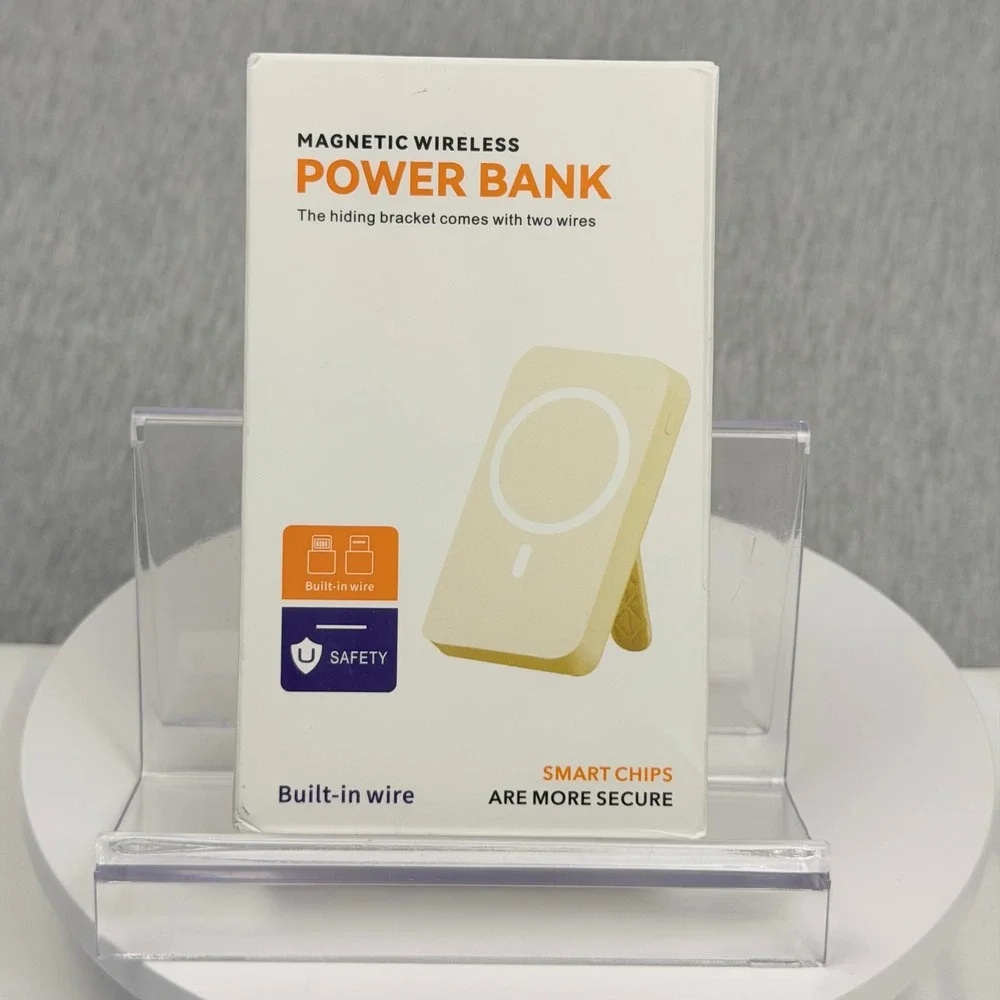 Magnetic Wireless Power Bank with Built-in Wires and Kickstand Cream NEW